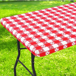 Rectangle Vinyl Table Cloth, Waterproof Elastic Fitted Tablecloth with Flannel Backing, Plastic Table Cover for Picnic, Camping, Outdoor (Red & White, 30"x96")