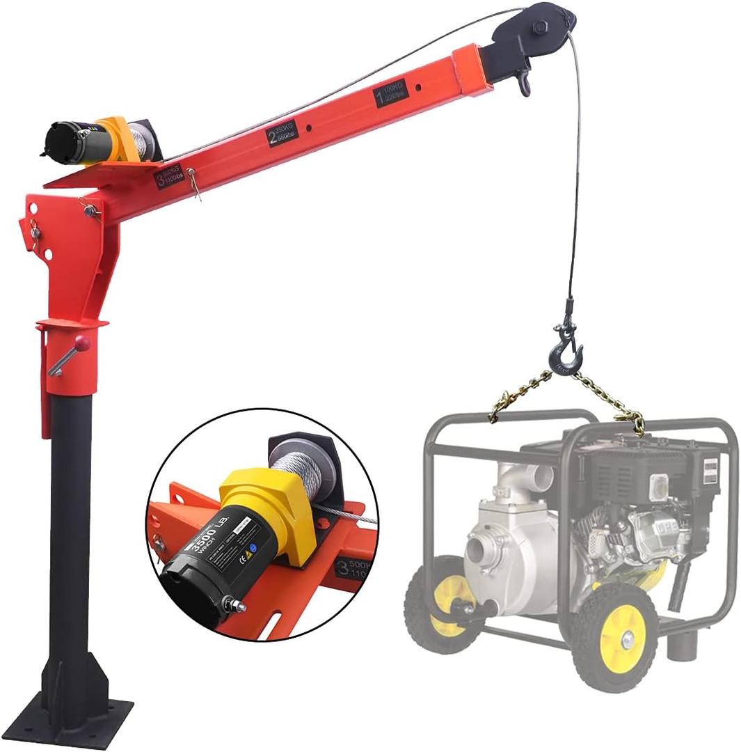 Pismire 1100lb Crane & 3500lb 12V Winch Combo - Folding Truck-Mounted Design, 360 Swivel, Painted Steel Jib for Pickup TrucksOrange