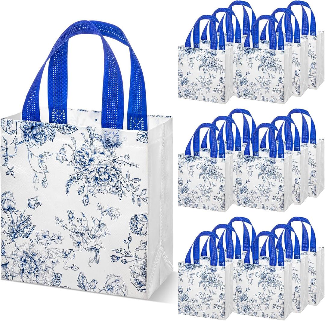 Sweetude 16 Pcs Bridesmaid Gift Bags Blue White Floral Gift Bags with Handle Flower Party Favor Non-woven Reusable Tote for Wedding Birthday Baby Shower Engagement DIY Shopping