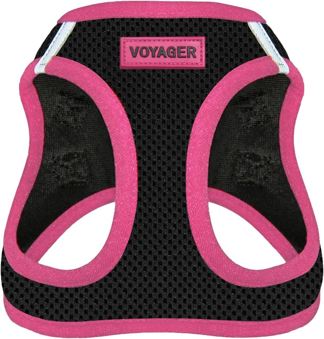 Best Pet Supplies - All Weather Mesh/Plush, Reflective, No Pull Harness for Small, Medium Dogs, Cats - Secure with Hook & Loop Fastener, Buckle, Double D-Rings - Black/Pink Trim, S