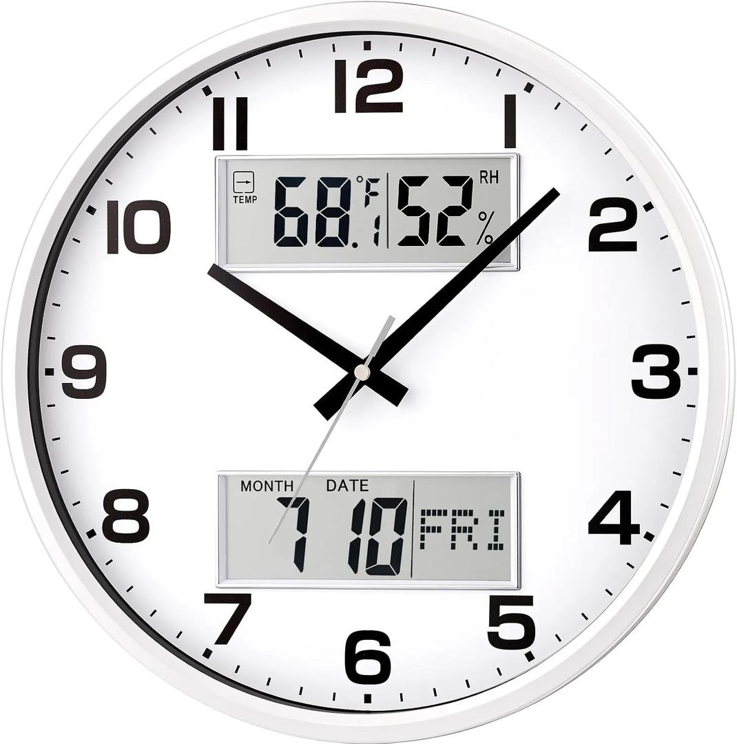 13" White Battery Powered Silent Wall Clock with Calendar Temperature and Humidity H-7326