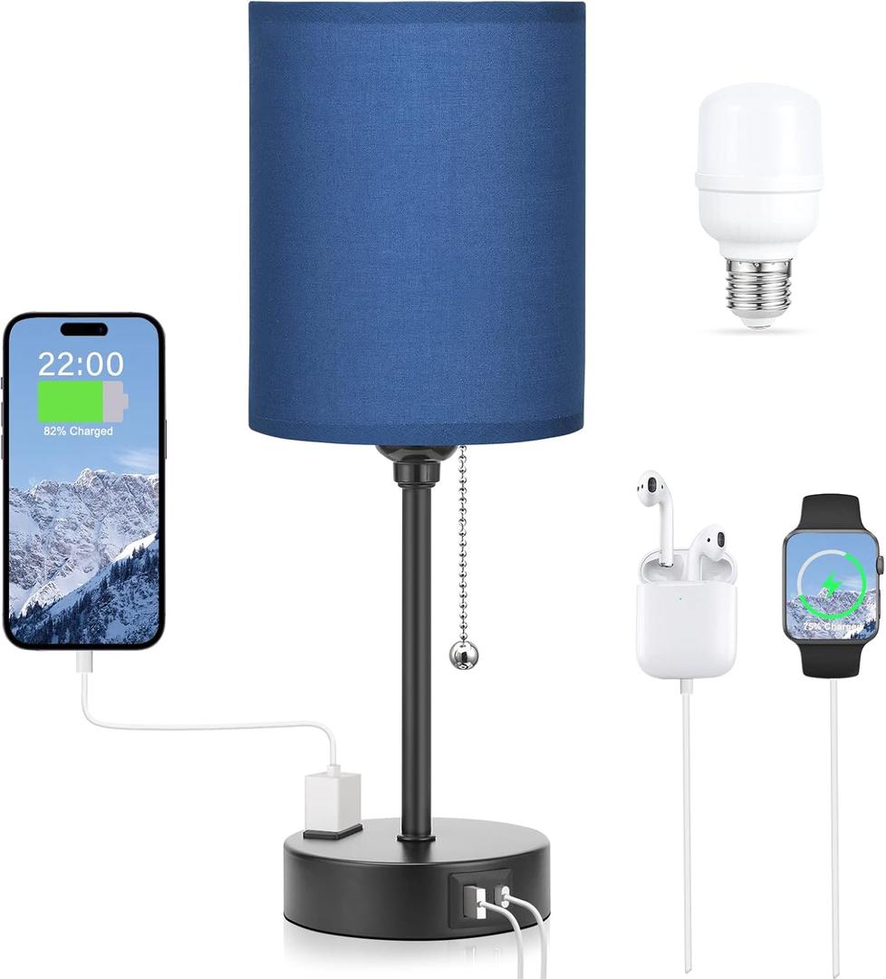 Small Bedside Table lamp for Bedroom - 3 Color Temperatures Bedside Lamps with USB C and A Ports, Pull Chain Table Lamps with AC Outlet, White Nightstand Lamps with Black Metal Base for Kids Reading, Blue