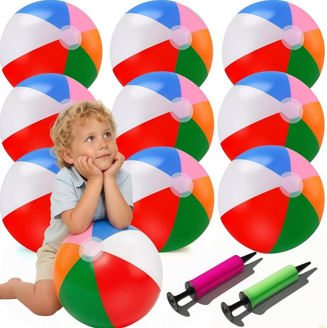 10 Pack 20" Beach Balls - Large Rainbow Beach Ball Inflatable Pool Toys for Party Supplies Decorations, Adults Kids Birthday Luau Summer Beach Water Games Beachball Party Favors