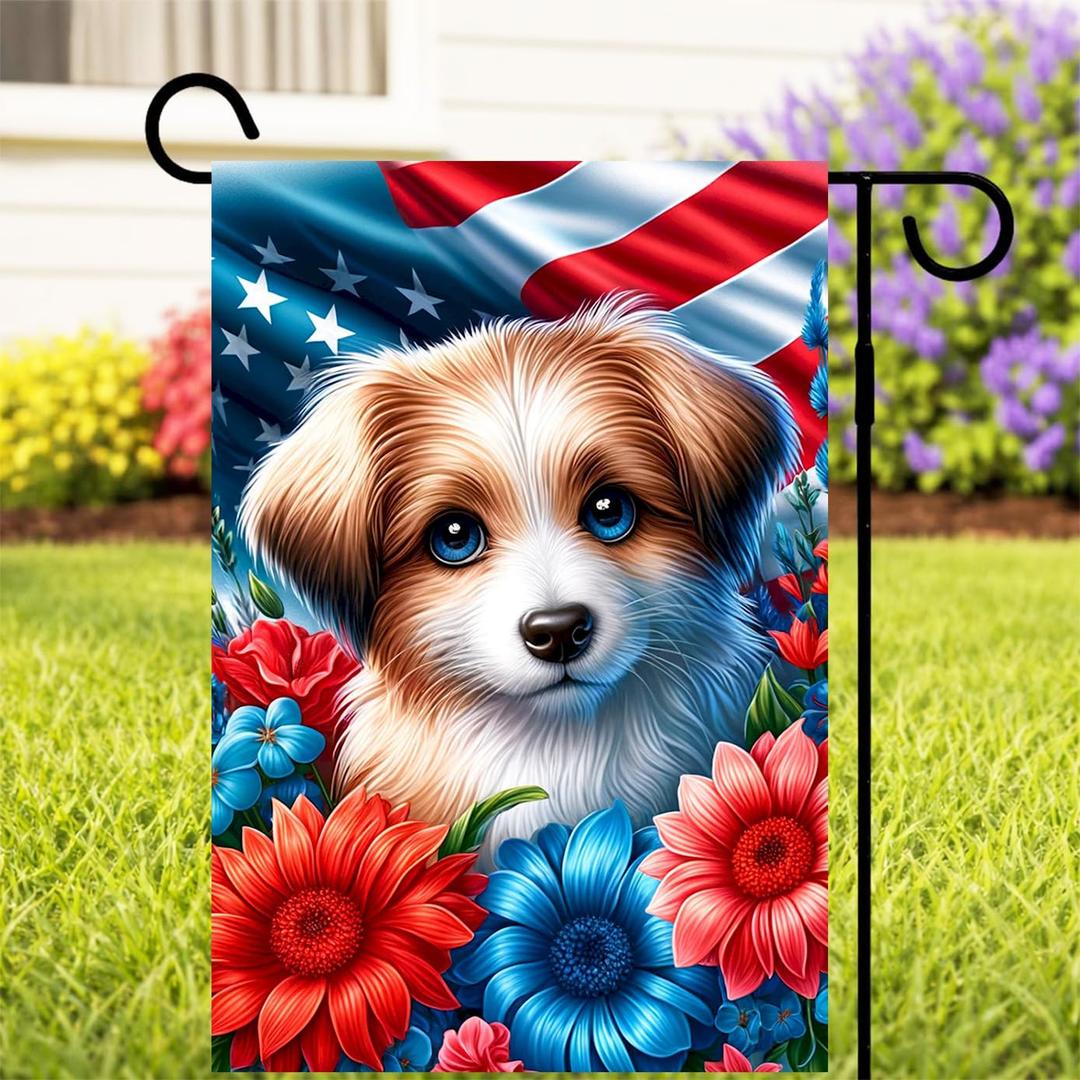 12x18in Patriotic Puppy Garden Flag Floral American Flag Yard Decor