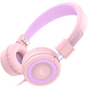 ELECDER i37 Kids Headphones for School Children Girls Boys Teens Foldable Adjustable On Ear Wired Headphones with 3.5mm Jack for Smartphones Chromebook Laptop Computer PC Tablets Travel, Peach/Purple