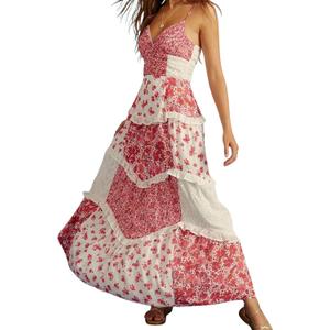 ebossy Womens Lace Patchwork Floral Maxi Dress Spaghetti Strap Sexy Backless Ruffle Tiered Boho Beach Sundresses (XL)