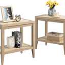 SICOTAS Rattan Nightstands Set of 2 - Boho Shelf Bedside Tables Narrow End Table Living Room Set of 2 Side Table with Rattan Storage Shelves for Small Space - Light Oak