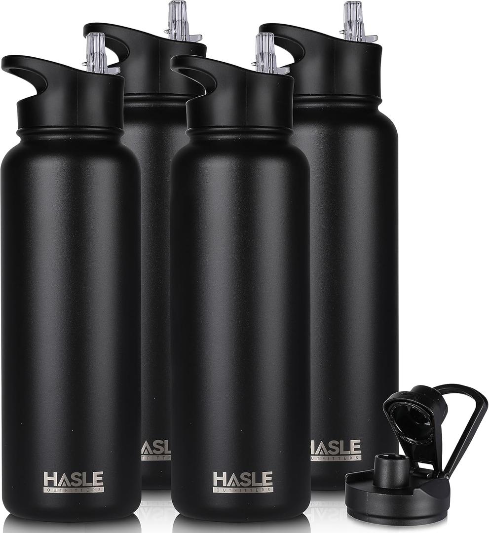 HASLE OUTFITTERS 32 oz Insulated Water Bottles Stainless Steel Double Walled Vacuum Sports Water Bottle with 2 Lids (Straw and Spout Lid) for Gym Camping Hiking(Black) 4pcs