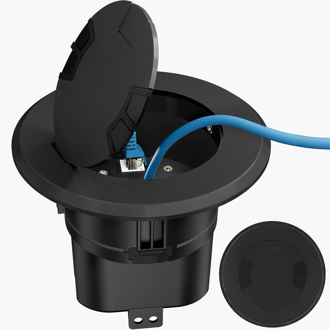 Recessed Power and Data Round Floor Box, Flush Mounted Electric Floor Box with Low-Voltage Keystone, Floor Cable Concealer w/20 Amp 125V Receptacle, Home Safety Upgrade, Easy to Use (Black)