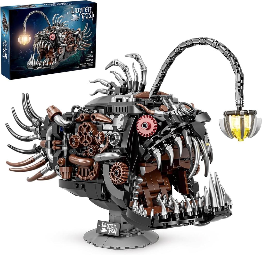 Mechanical Lantern Fish Building Block Set,1038 PCS Ocean Animals Decor Collection Toy Compatible with Lego Sets for Boys 814,STEM Birthday Gift for Adults Women Girls Boys Age 812(with LED)