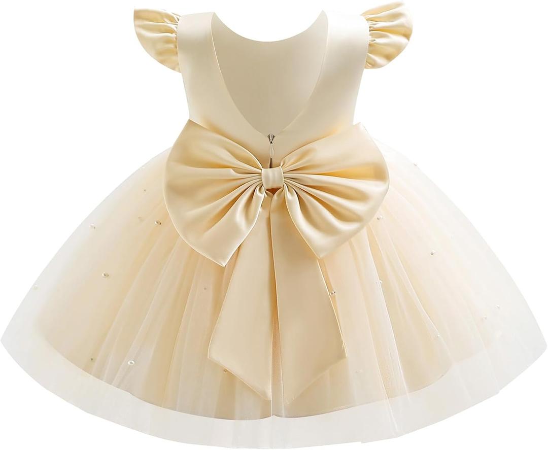 IDOPIP Flower Girl Bowknot Tutu Dress for Kids Baby Princess Wedding Bridesmaid Birthday Party Pageant Baptism Dresses 6M-10T (Beige, S)