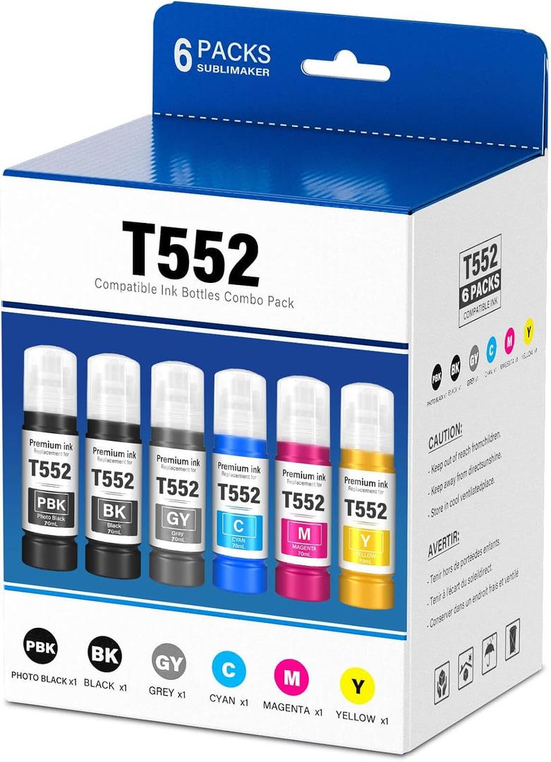 Compatible for 552 Ink Refill Bottles 6 Pack (NotSublimation Ink) Compatible Replacement for Epson Ecotank Photo ET-8550 ET-8500 ET8550 ET8500 8550 8500 Printer, T552 Ink (BK Pigment, PB C M Y GY Dye)