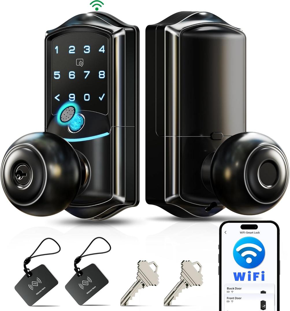 Veise VE028 Built-in Wi-Fi Smart Lock with Knob, Fingerprint Keyless Entry with Handle, App Remote & Voice Control, Electronic Digital Keypad for Front Door and Bedroom, IP65 Waterproof, Matte Black