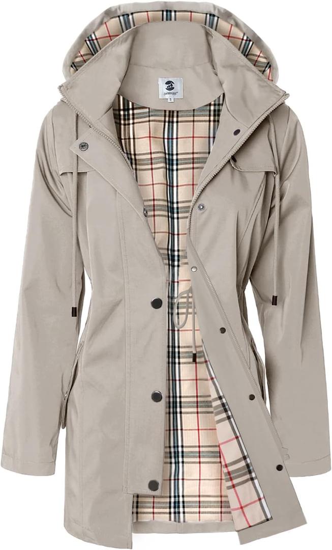SaphiRose Women's Long Hooded Rain Jacket Outdoor Raincoat Windbreaker (Medium, Khaki)