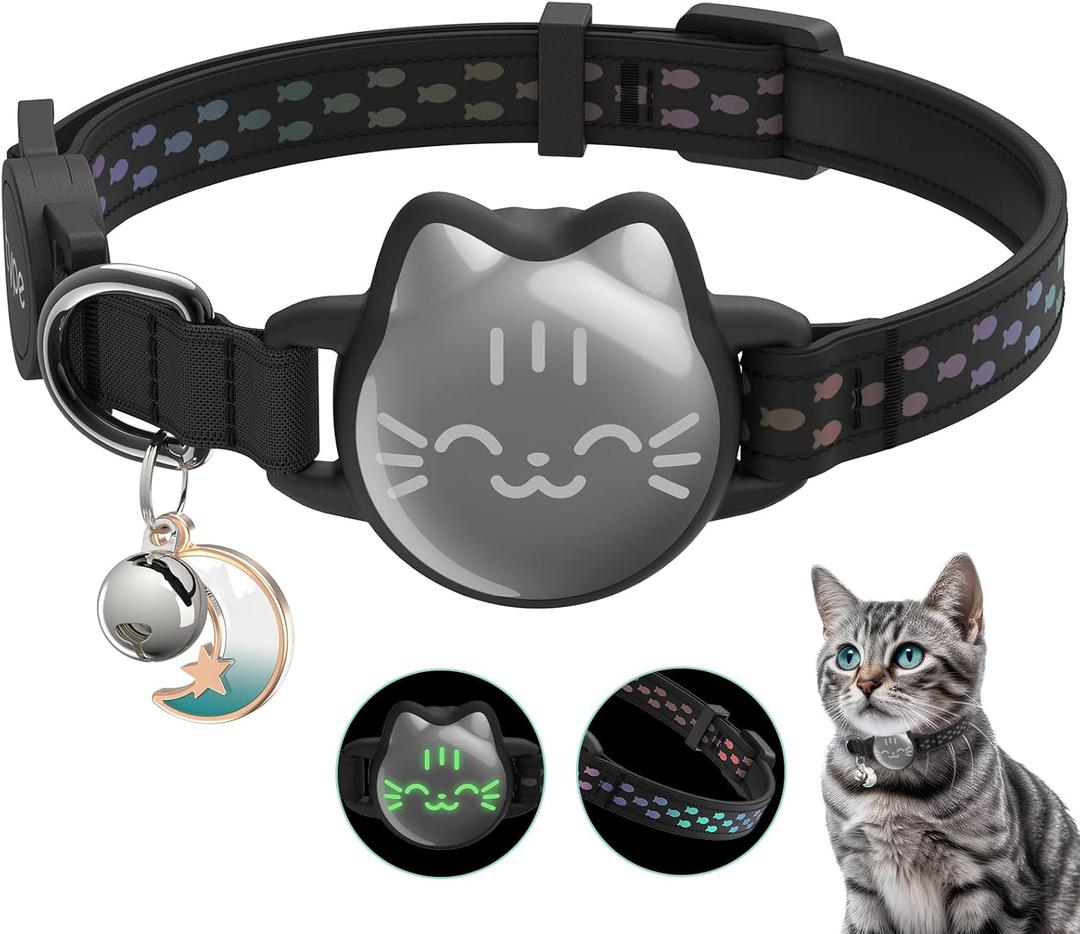 Waterproof Airtag Cat Collar with Luminous & Reflective Fish Pattern, Lightweight Kitten Collar for Apple AirTag, Hidden GPS Tracker Holder for Cats, Kittens (9-13") (Small(9-13inch), Classic Black)
