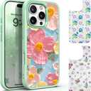 IYH for iPhone 16 Pro Case with 3 Interchangeable Magnetic Back Covers, Military-Grade Protection | Wireless Charging Compatible, Floral Pattern, Green