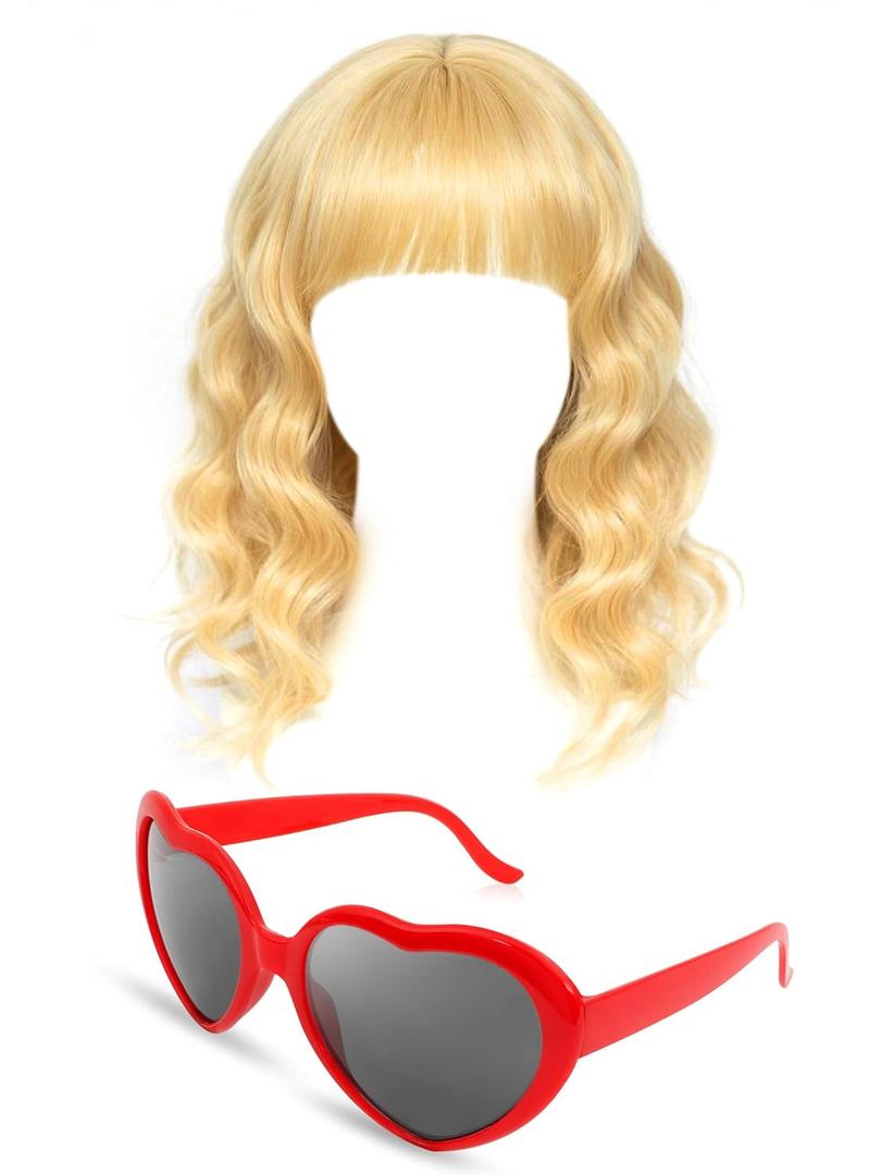 2 Pcs Halloween Singer Costume Blonde Wig with Bangs Shoulder-length Heart Shaped Sunglasses for Women