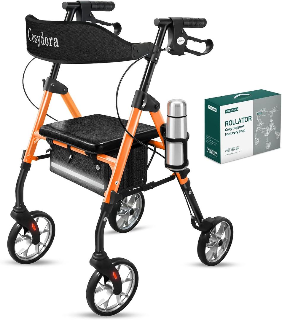 Cosydora Rollator Walkers for Seniors with Seat, 13.6 Lbs Ultra Lightweight Foldable Rolling Walker, 350Lbs Heavy Duty Aluminum, 8" All Terrain Wheels, Dual Adjustable Height, Light Orange