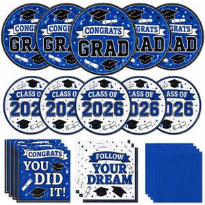 Graduation Plates and Napkins 2026, Congrats Grad Disposable Dinner & Dessert Paper Plates, and Napkins for Blue Graduation Party Decoration, Serves 50