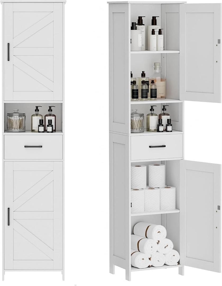 Homhedy 67" H Tall Bathroom Storage Cabinet with 2 Barn Doors and 1 Drawer, Narrow Storage Unit, Adjustable Shelves, Floor Cabinet for Bathroom, Living Room, Entryway, Kitchen, White, (15.7" W), 11.8"D x 15.7"W x 66.9"H