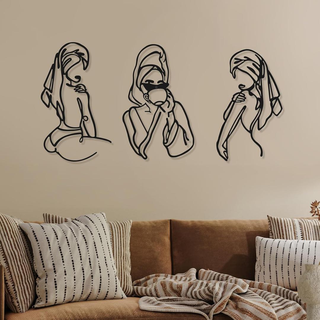 Photect 3 Pcs Metal Wall Art Decor Minimalist Abstract Woman Wall Art Metal Modern Line Drawing Decor Female Single Line Home Hanging for Bedroom Bathroom Living Room Christmas Housewarming(Romantic)
