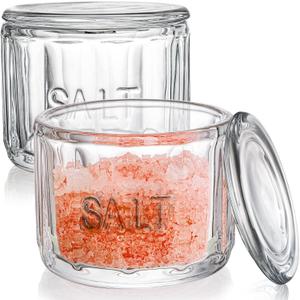 Nicunom 2 Pack Clear Glass Salt Cellar with Lid, Salt Storage Container Salt Box, Retro Style, Kitchen Decor, Wedding Gift, 3.75" D x 3.15" H
