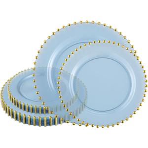 PLASTICPRO 32 Piece Combo Plastic Dinner Plates Disposable Plastic Fancy Heavy Duty Party Dishes 7 inch and 10 inch, Translucent Blue and Gold Beaded