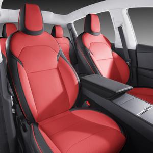 Wekar Nappa Leather Car Seat Covers Compatible with 2025–2026 Tesla Model Y Juniper, Bright Red & Black Two-Tone Design, Custom Fit Full Set, Airbag Compatible Car Interior Cushion Covers