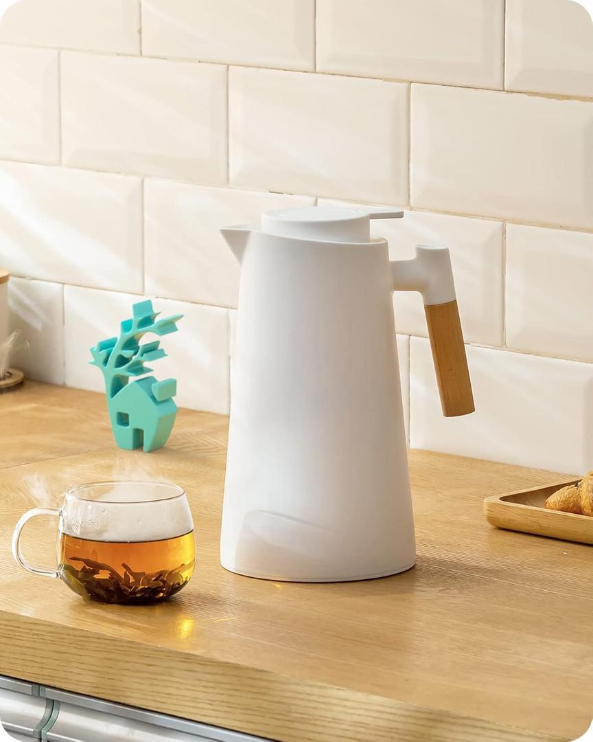 Baffect Thermal Carafe, 34oz Thermal Vacuum Carafe with Glass Liner and Wood Handle Insulated Coffee Carafe for Coffee Tea Hot or Cold Drinks(1 Liter, White)