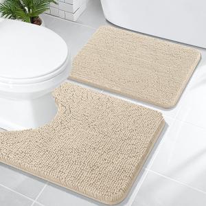 OLANLY Bathroom Rugs Sets 2 Piece, Soft Absorbent Chenille Bath Mats and U-Shaped Contour Toilet Mat Area Rug Set, Machine Washable Bath Carpet, Home Decor Accessories(24"x16"+24"x20", Sand)