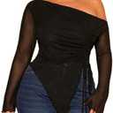 SOLY HUX Women's Plus Size Mesh T Shirt Off The Shoulder Long Sleeve Sheer Tee Ruched Drawstring Asymmetrical Hem Tops L