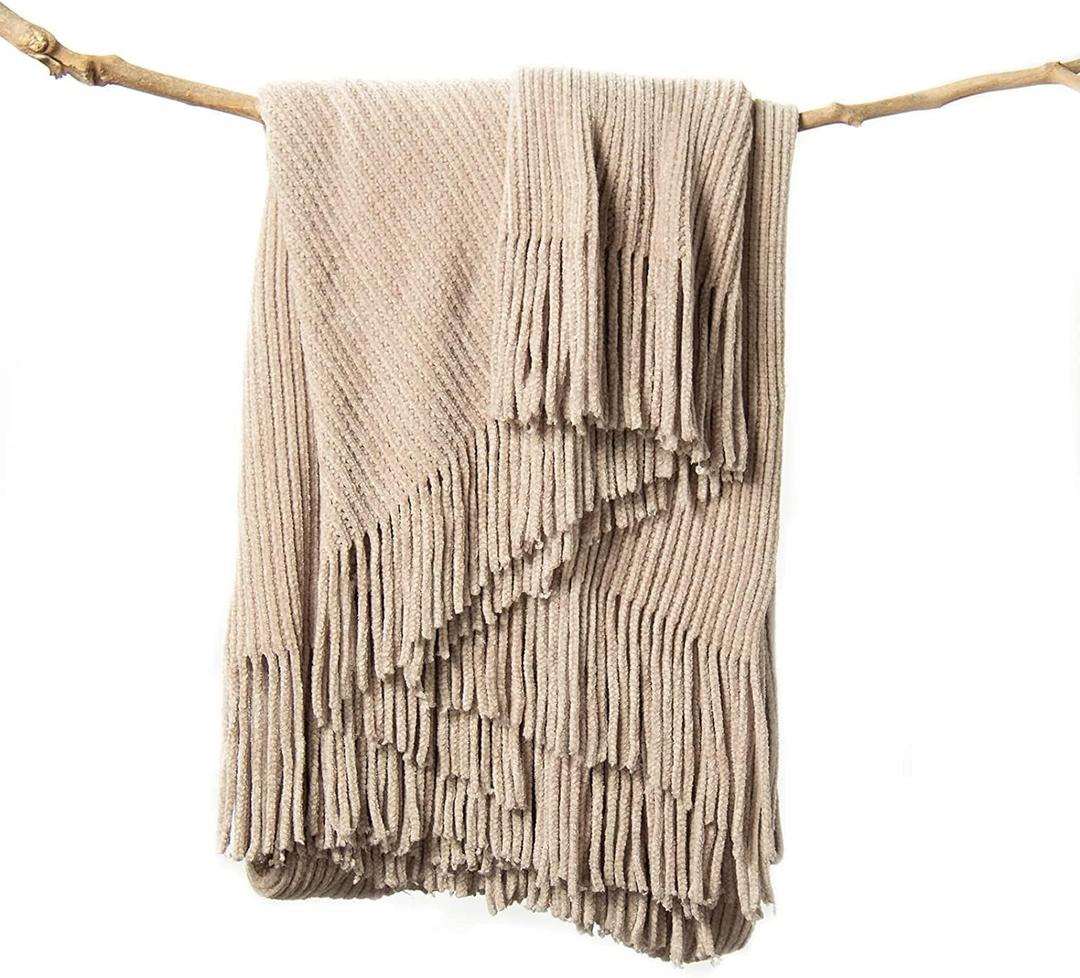 lifein Throw Blanket for Couch, Soft Boho Decor Bed Throw,Cozy Beige Knitted Chenille Small Farmhouse Lightweight Throw for Spring(Beige,60 * 80") (D-tan/Beige)
