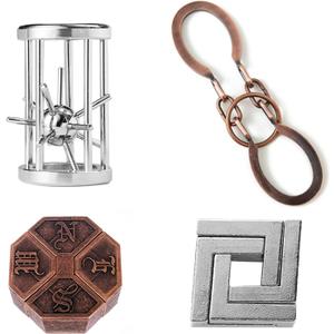 4 Pcs Brain Teaser Puzzle,Metal Puzzle, Unlock Interlock IQ Test Game, Magic Trick Toy Gift for Kids and Adults