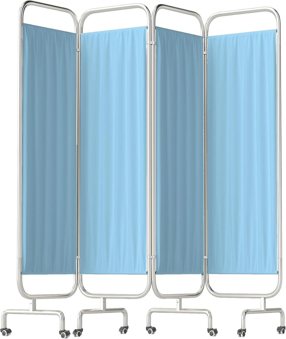 4-Panel Medical Privacy Screen on Wheels, 79" x 71" Blue Medical Screen