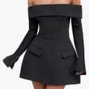 Women Sexy Mini Dress Off Shoulder Long Sleeve A Line Dress Short Formal Dresses Party Clubwear, Black, L