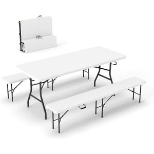 Real Relax 6' Picnic Table with 2 Benches, 3 Piece White Portable HDPE Folding Camping Table and Benches for Courtyard, Garden, Outdoor Leisure, Party