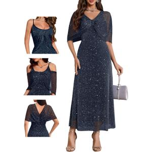 BeryLove Sequin Formal Cocktail Long Dress Evening Wedding Guest Mother of The Bride Dresses with Shawl (Small, Navy)