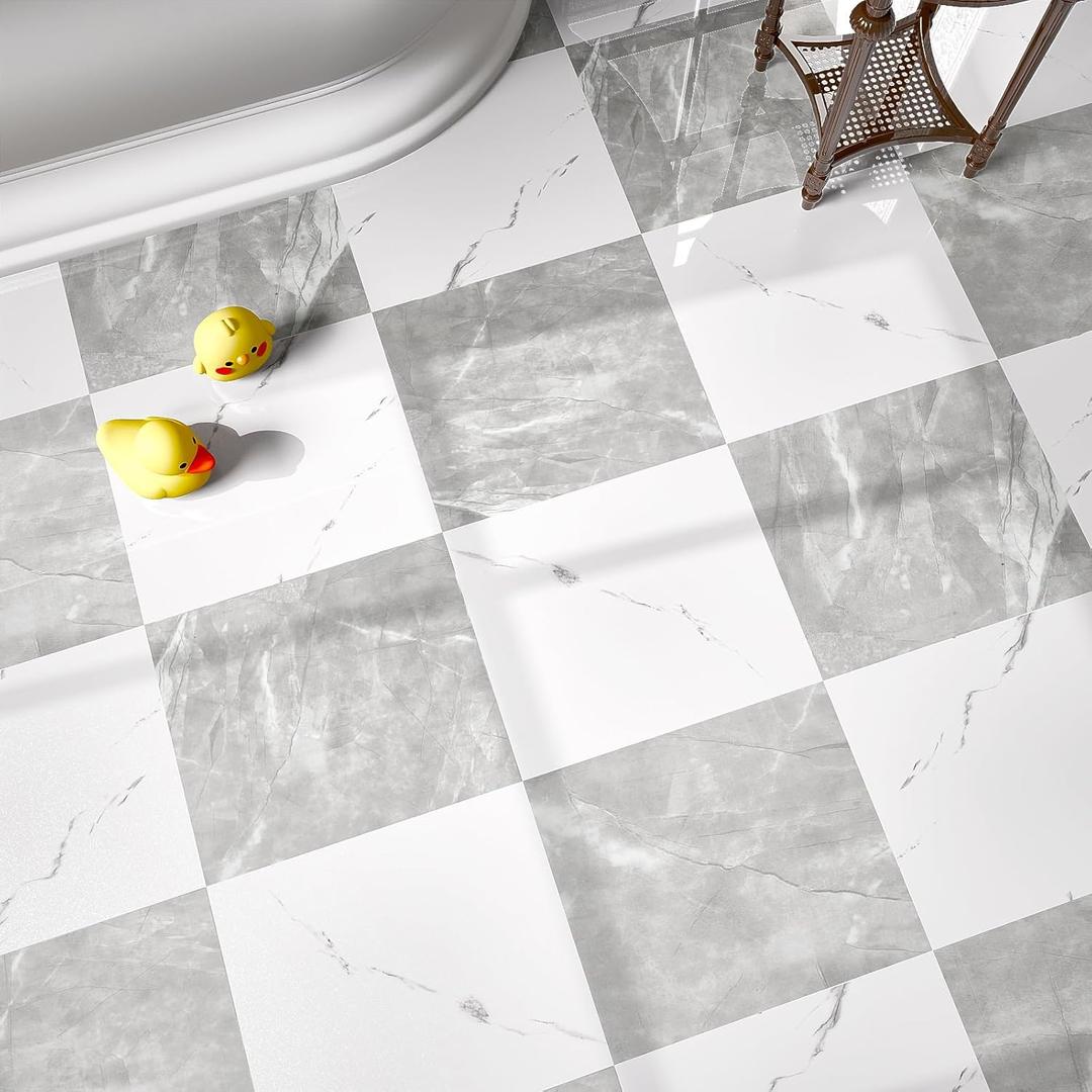 40-Pack Peel and Stick Tile Vinyl Floor Glossy 12x 12 inch, Waterproof Stick on Tiles for Bathroom, Kitchen, Dining Room, Cover 40 Sq. Ft, Light Grey&White Marble (20 per Color)