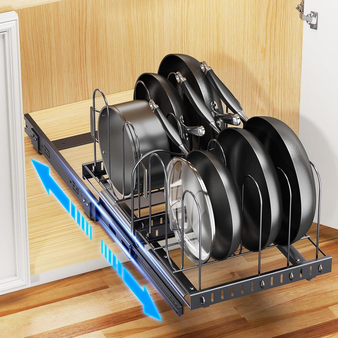Pots and Pans Organizer for under Cabinet, 20.12in Length Pull Out Pan Organizers inside Cabinet with Adjustable Dividers, Kitchen Cabinet Organizers and Storage for Cast-iron Pan, Pot Lid