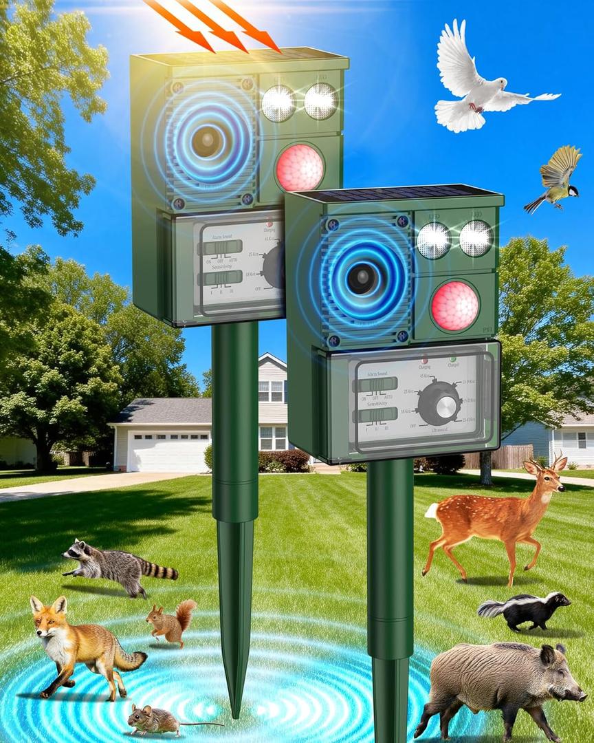 2-Packs Solar Ultrasonic Animal Repellent, Cat Repellent Outdoor, Squirrel Repellent, Deer Repellent Devices, Dog, Raccoon, Skunk, Rabbit, Rodent, Coyote, Waterproof IP 65, PIR Sensor (Two, Green)