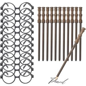 Wizard Theme Party Favors - Wand Pencils, Wizard Glasses with Round Frame No Lenses for Kid Student Magic Birthday Gift, School Party Supplies ,Halloween Decor,12pcs each