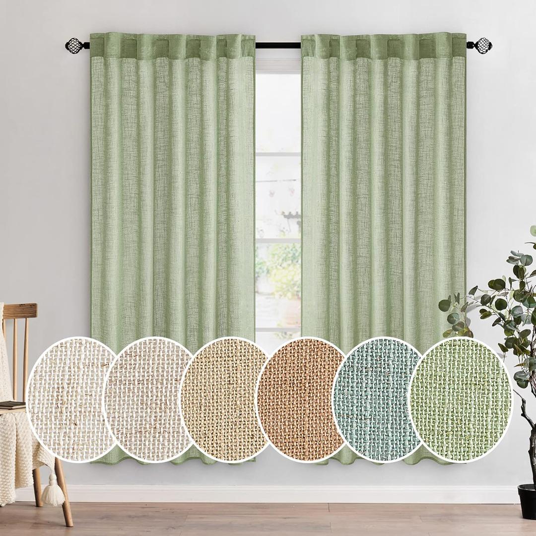 MIULEE Sage Green Linen Curtains 72 Inch Length 2 Panels for Bedroom Living Room, Soft Thick Linen Textured Window Drapes Semi Sheer Light Filtering Back Tab Rod Pocket Burlap Look Decor, W37xL72