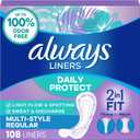 Always Daily Protect Multi-Style Liners, Regular Length, Unscented Panty Liners, Up to 100% Odor Free and Fragrance Free, Cleanguard Quilted Core Absorbs Wetness and Odors, 108 Count