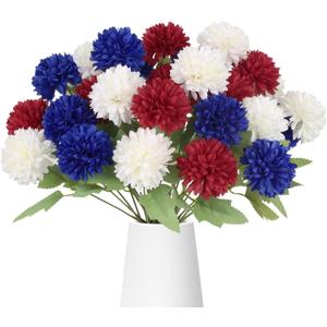4 of July Decor Faux Chrysanthemums Artificial Flowers 27Heads Fake Silk Mums with Stem Balls Flower Patriotic Flower for Independence Day Memorial Day Home Decor Indoor Table (Red, White, Blue)