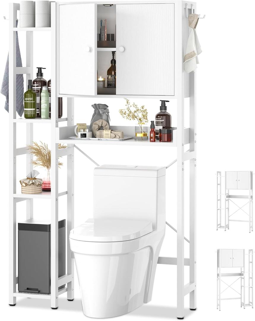 Over The Toilet Storage Cabinet with Doors - 7 Tier Bathroom Organizer with Adjustable Shelf, Freestanding Space Saver Rack Above Toilet Stand with 4 Hooks for Bathroom, Restroom, Laundry, White