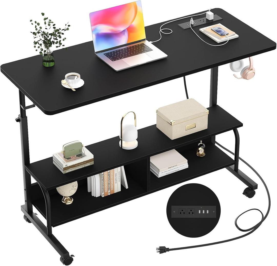 Height Adjustable Standing Desk with Power Outlets, 47" Manual Stand Up Desk with Storage Shelves Small Mobile Rolling Computer Desk Portable Laptop Table with Wheels for Home Office, Black