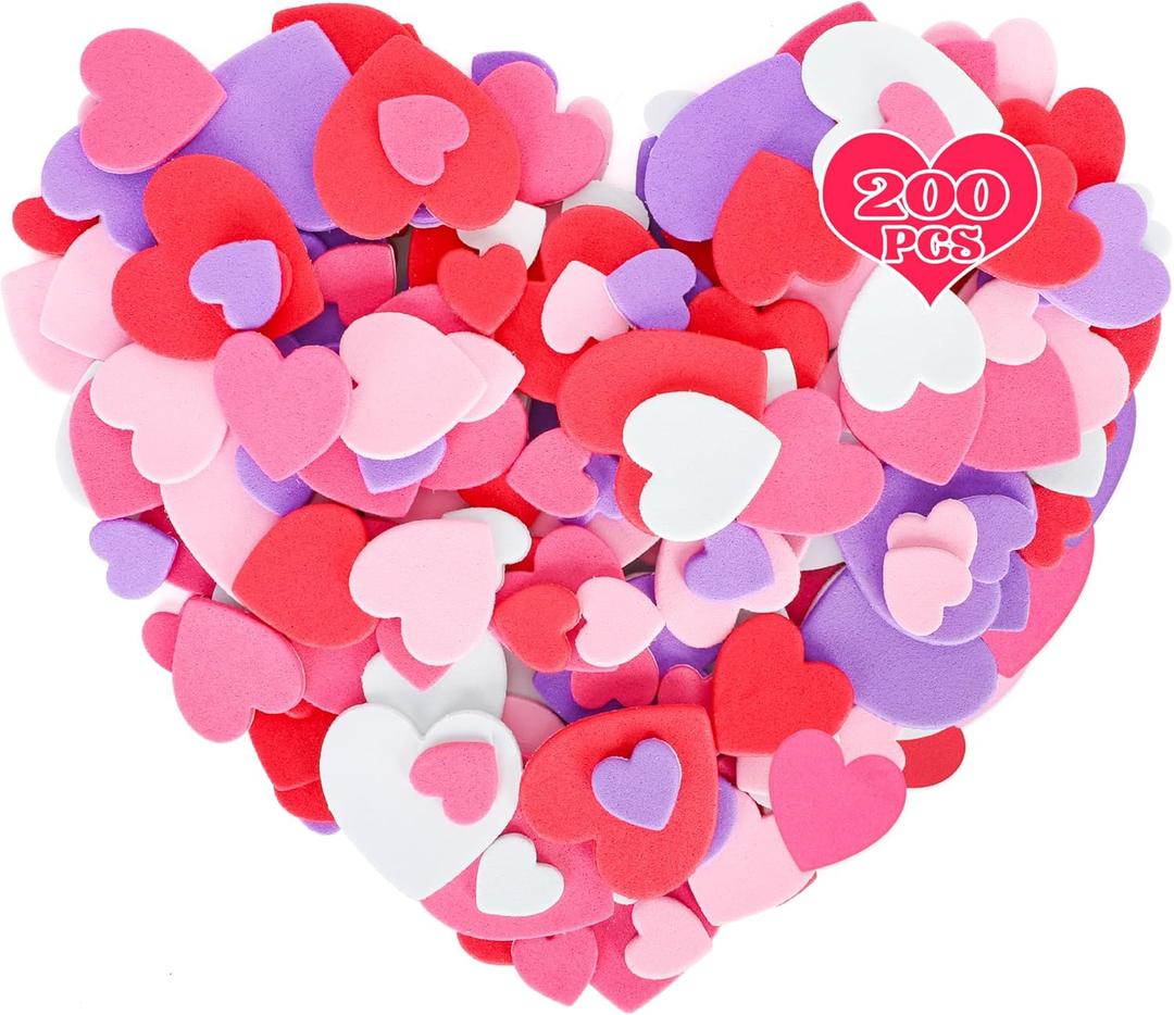 200 PCS Foam Valentines Stickers, Self-Adhesive Heart Stickers Valentine Decor, Matte Heart Foam Stickers, 3 Sizes Valentines Sticker Pink White Red Valentine Craft Supplies Adults Decoration