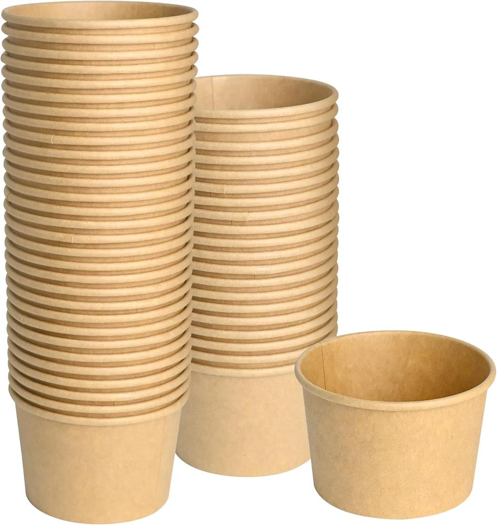 ESSENTIAL Paper Ice Cream Cups, 50pcs 8oz Disposable Dessert Bowls for Hot or Cold Food, Lids Not Included, Paper Snack Containers for Sundae, Frozen Yogurt, Soup (Brown)