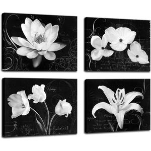 Biuteawal - Flower Canvas Prints Art Magnolia Lily Flower Painting Black and White Floral Bloom Pictures Prints on Canvas Wall Decoration for Bedroom Framed Ready to Hang