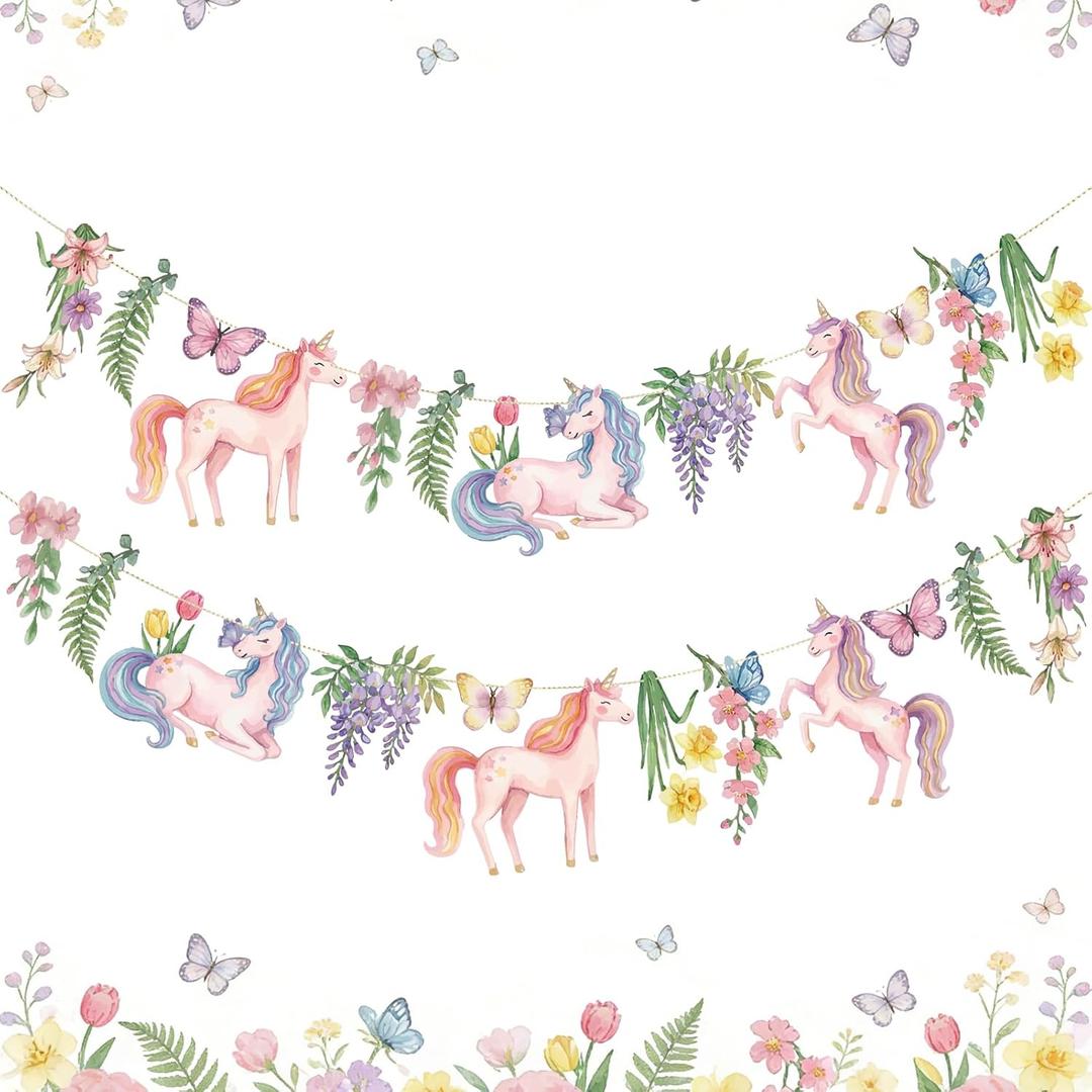 Unicorn Party Decorations Wildflower Garland Unicorn Birthday Banner Butterfly Banner 2Pcs for Girls Birthday Baby Shower Garden Party Spring Summer Reusable Garland Decor